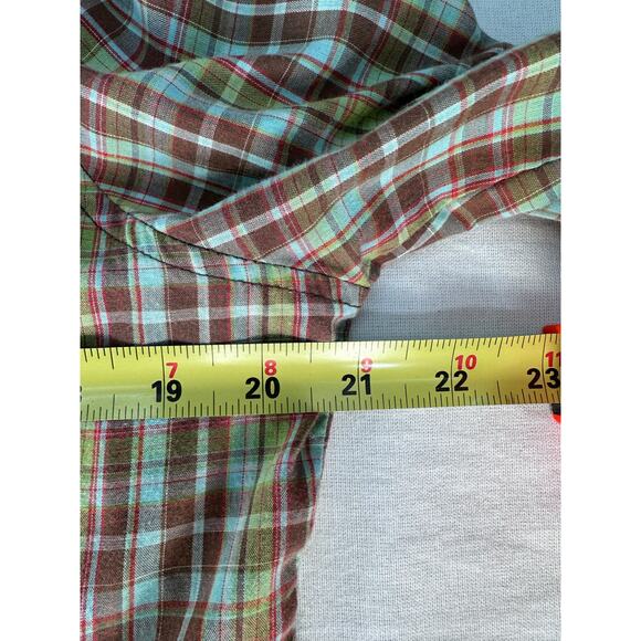 Wrangler Women's sz L Snap Plaid Cotton Shirt LS Blue Brown Green 70s Inspired - Picture 7 of 10